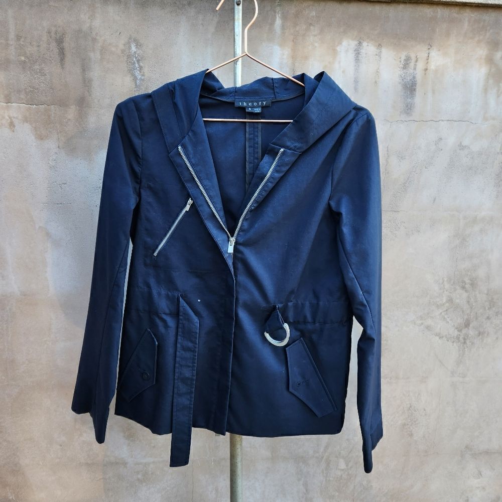 Theory navy hooded belted jacket
